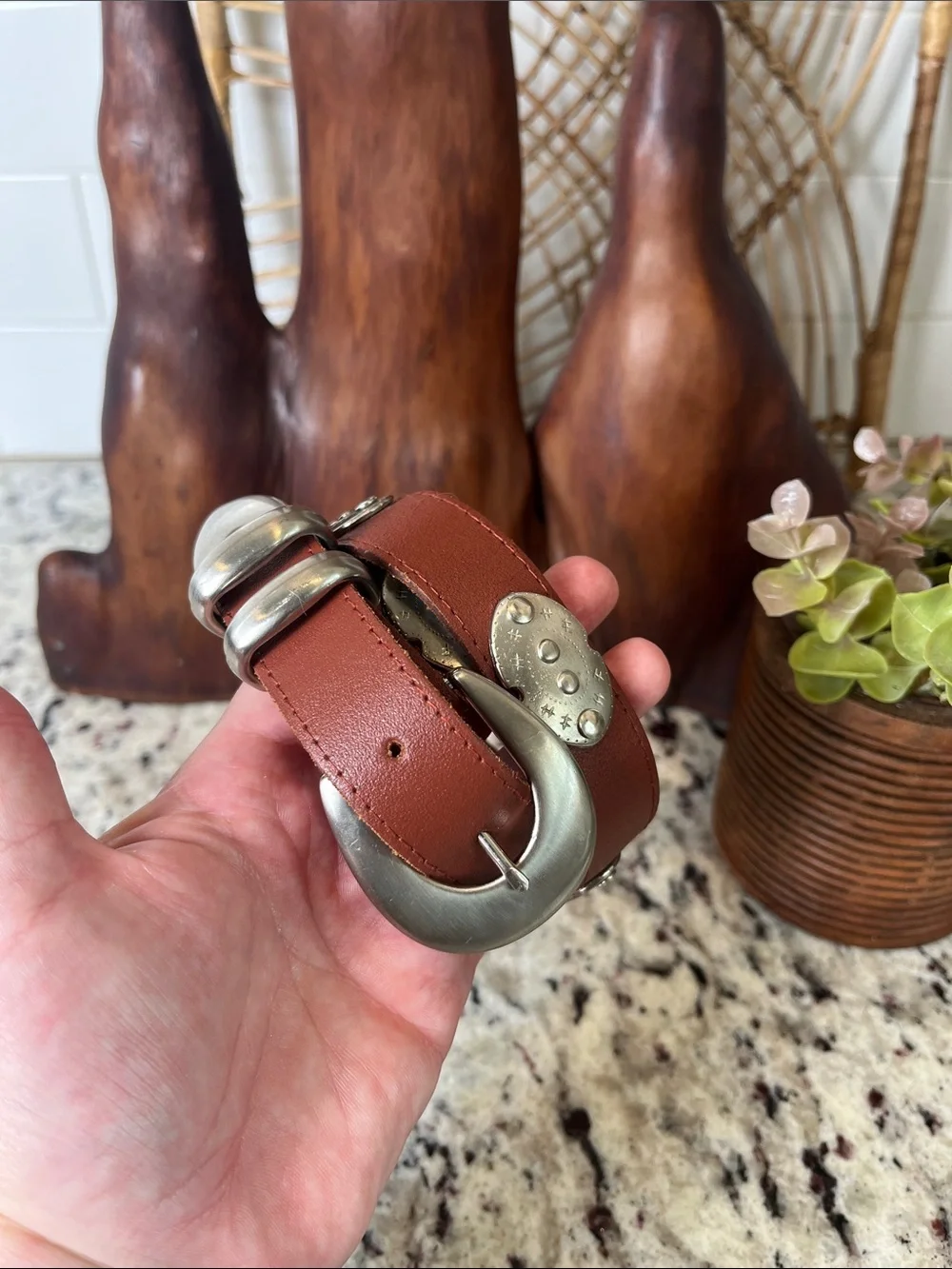 AXCESS. Chestnut Brown Leather Belt with Silver Buckle